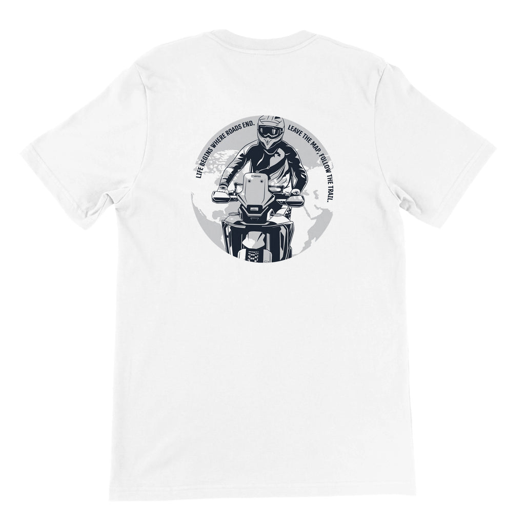 Life Begins Where Roads End. CFMOTO — off-bike adventure-rider tee by ADVTEES