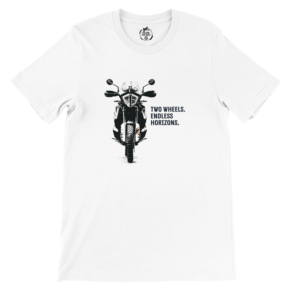 Two Wheels. Endless Horizons. KTM — off-bike adventure-rider tee by ADVTEES