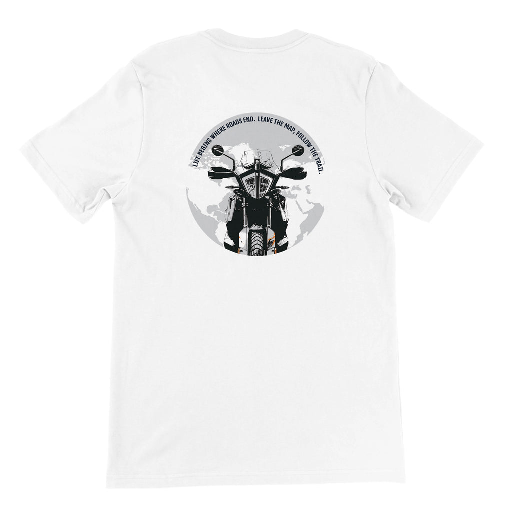 Life Begins When Roads End. KTM — off-bike adventure-rider tee by ADVTEES