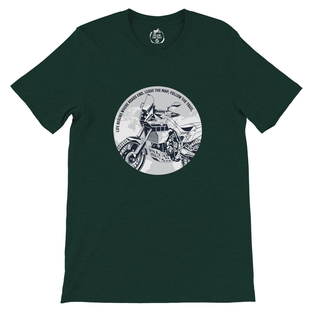Life Begins where Roads End. Yamaha T7 — off-bike adventure-rider tee by ADVTEES