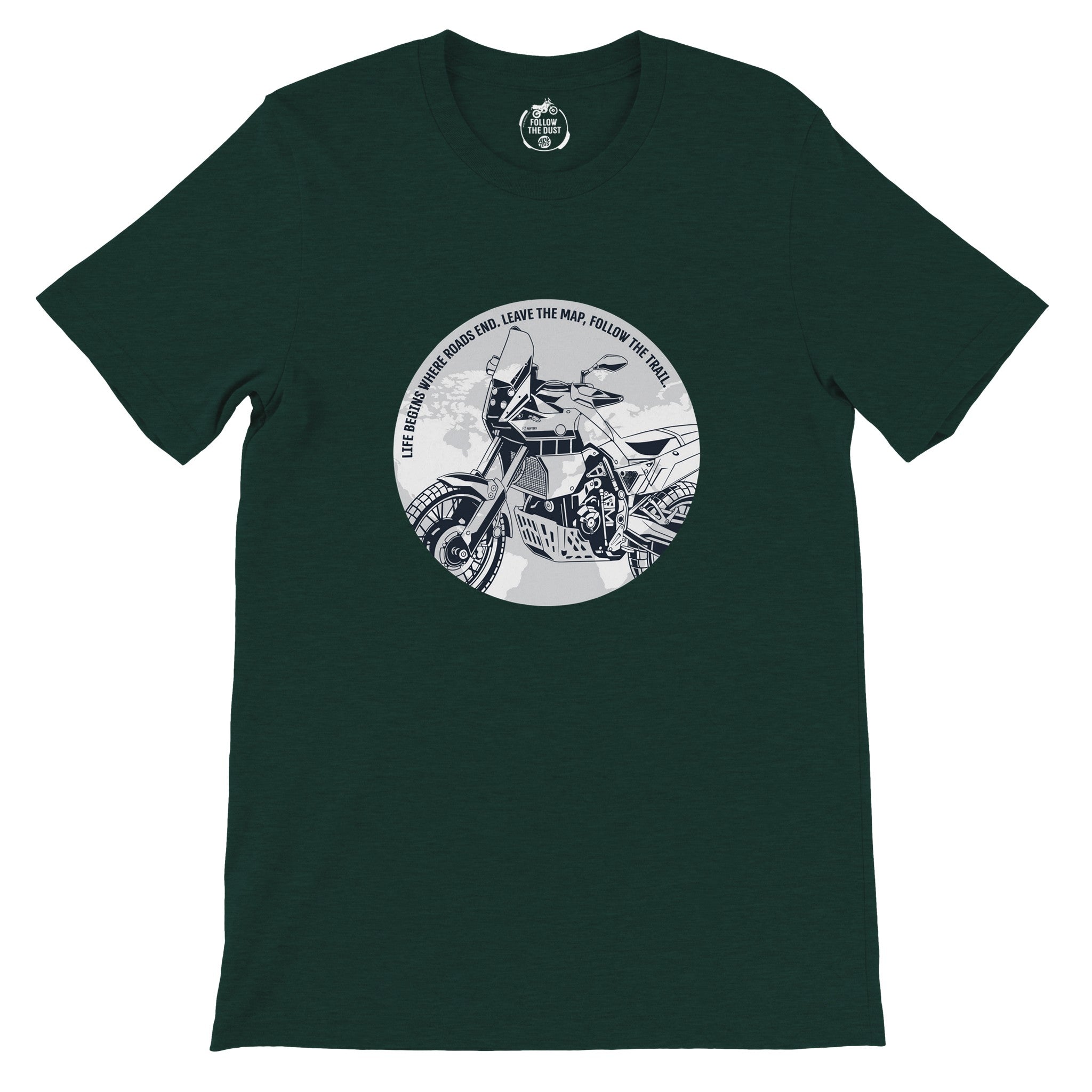 Life Begins where Roads End. Yamaha T7 — off-bike adventure-rider tee by ADVTEES