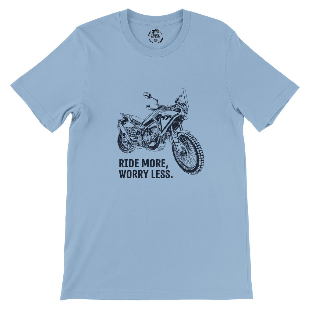 Ride More, Worry Less. CFMOTO — off-bike adventure-rider tee by ADVTEES