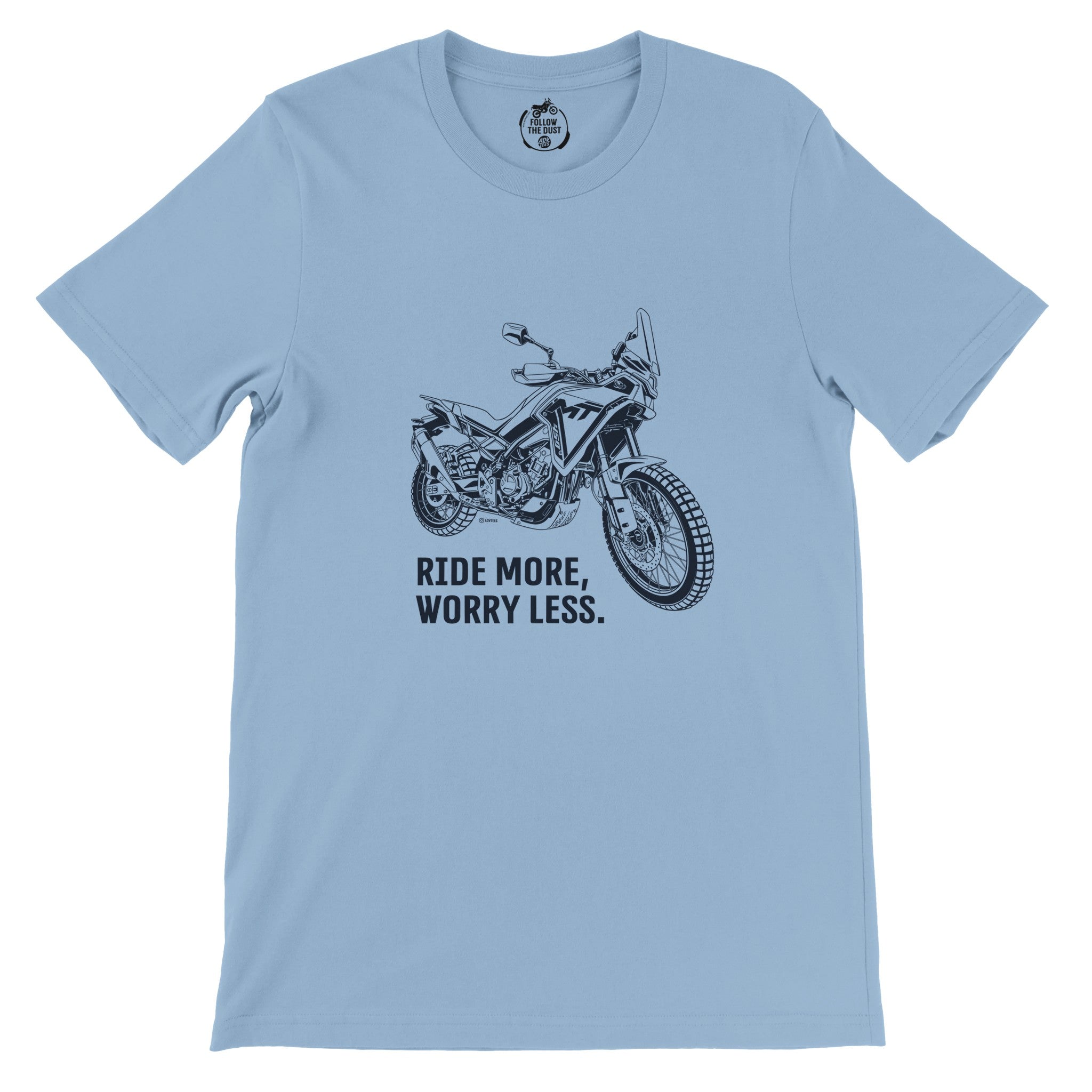 Ride More, Worry Less. CFMOTO — off-bike adventure-rider tee by ADVTEES
