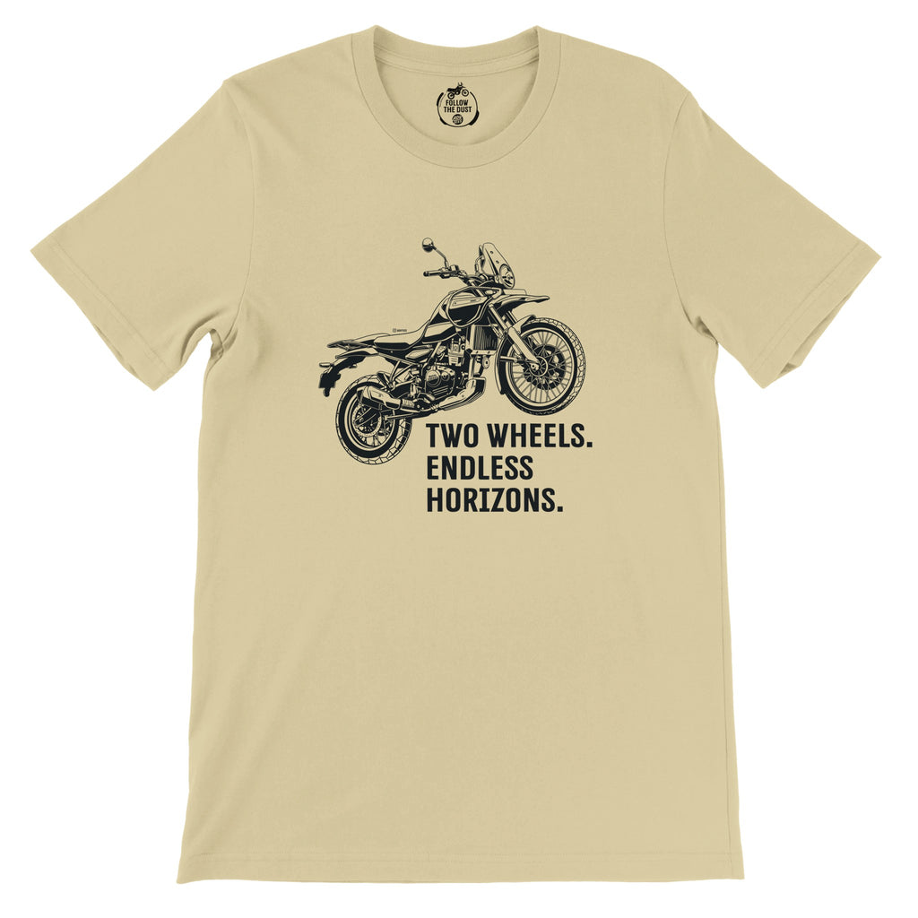Two Wheels. Endless Horizons. Royal Enfield Himalayan — off-bike adventure-rider tee by ADVTEES