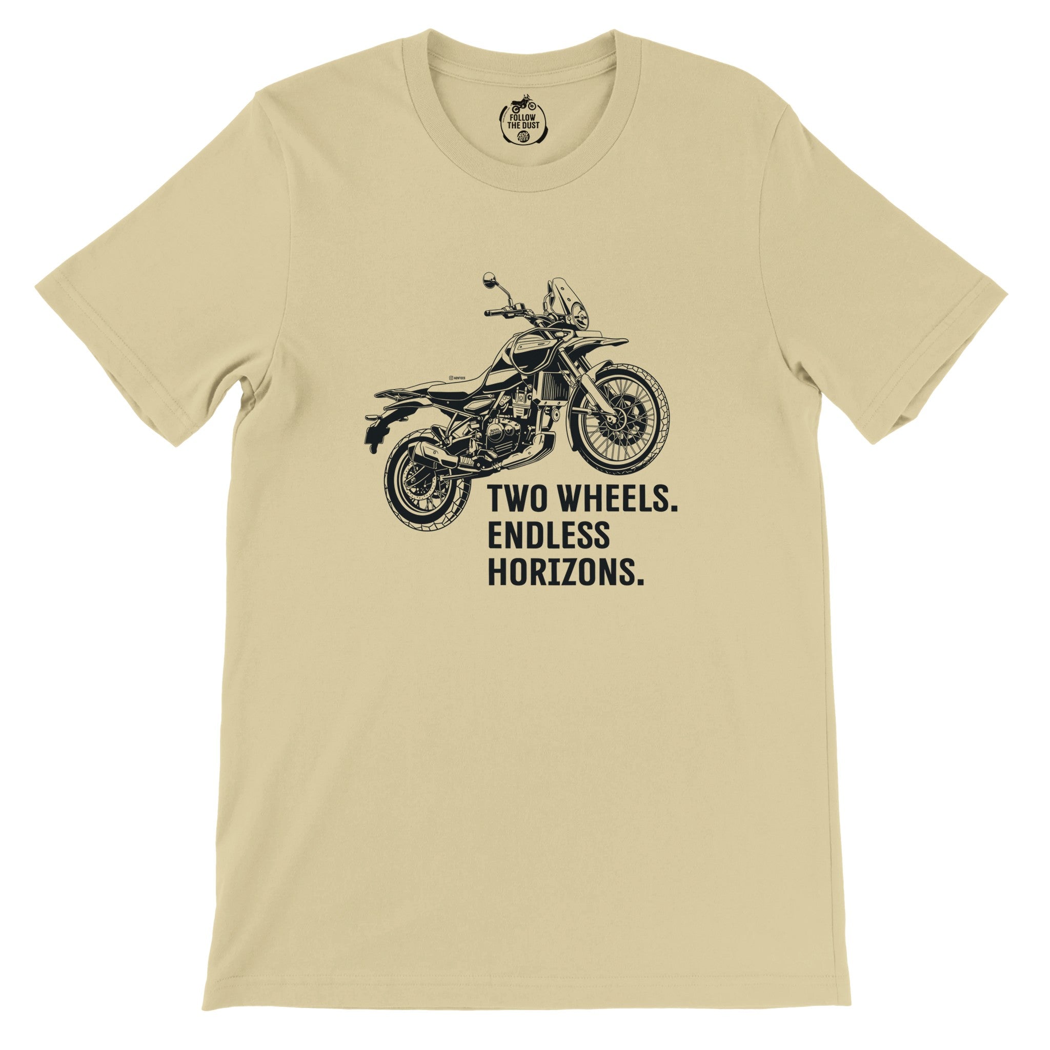 Two Wheels. Endless Horizons. Royal Enfield Himalayan — off-bike adventure-rider tee by ADVTEES