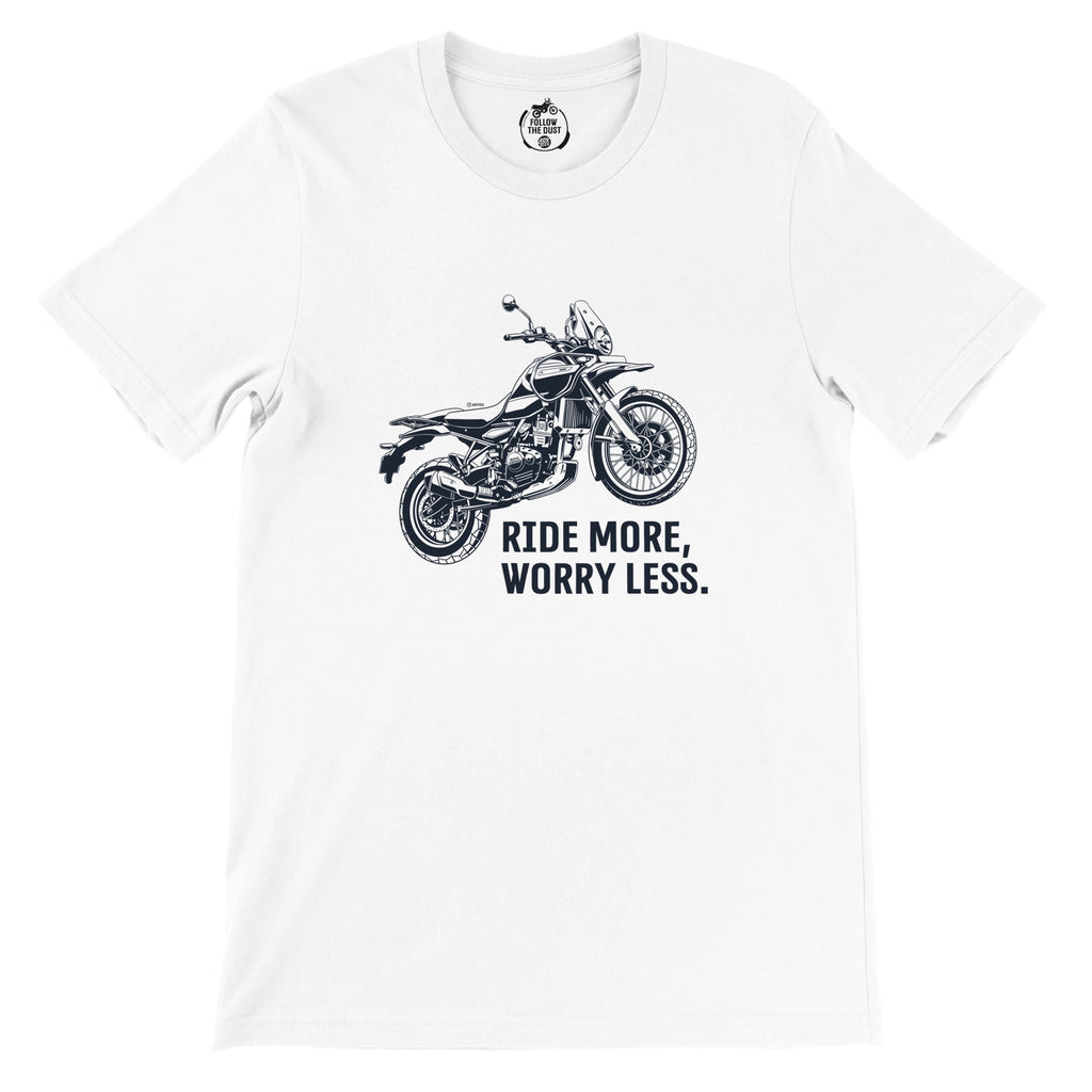 Ride More, Worry Less. Royal Enfield Himalayan — off-bike adventure-rider tee by ADVTEES