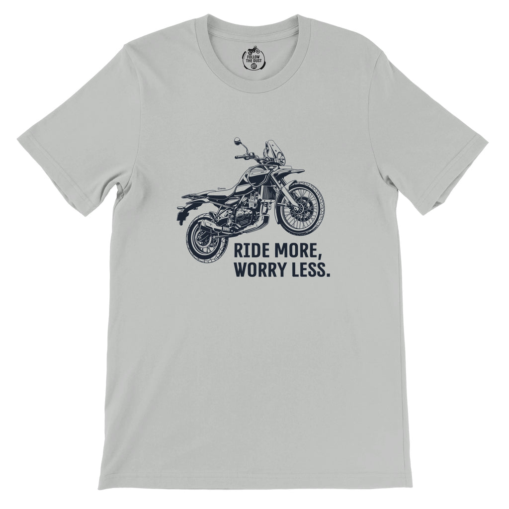 Ride More, Worry Less. Royal Enfield Himalayan — off-bike adventure-rider tee by ADVTEES