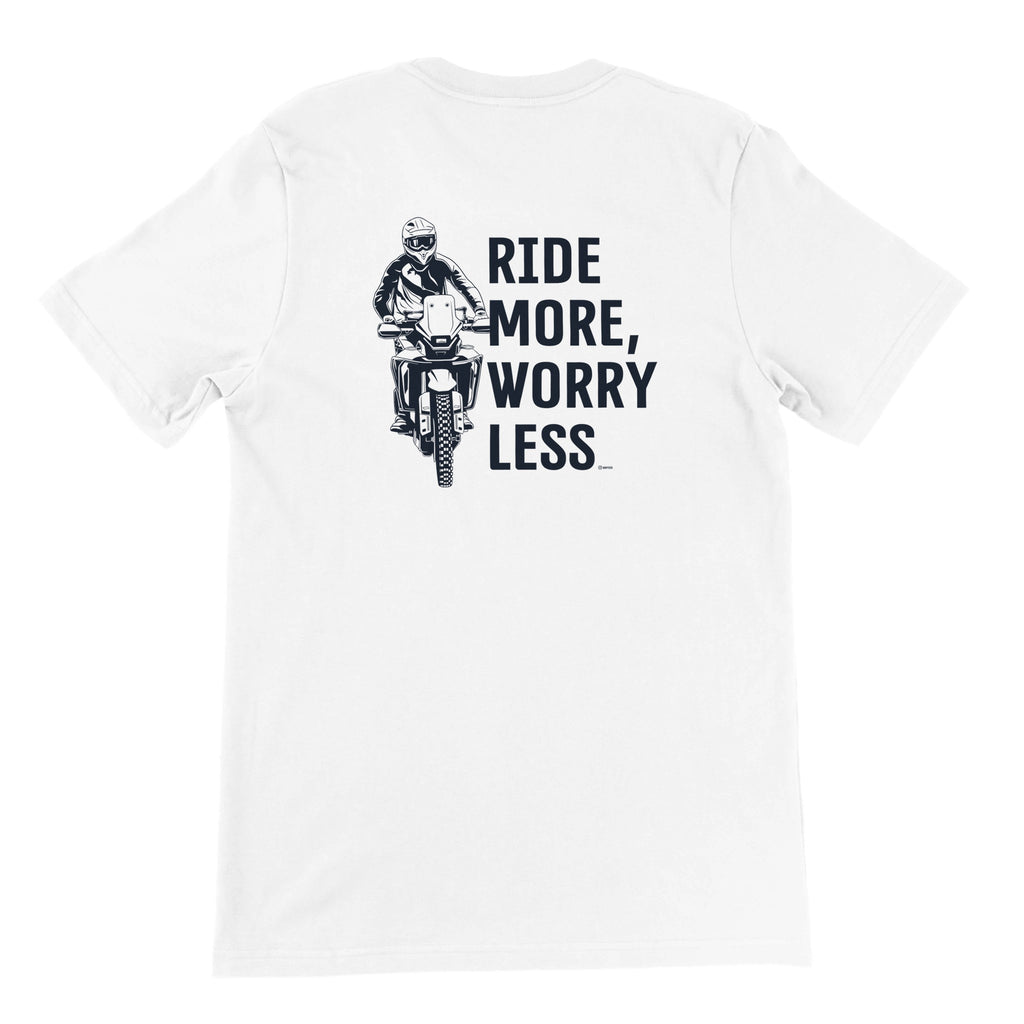 Ride More Worry Less. CFMOTO — off-bike adventure-rider tee by ADVTEES