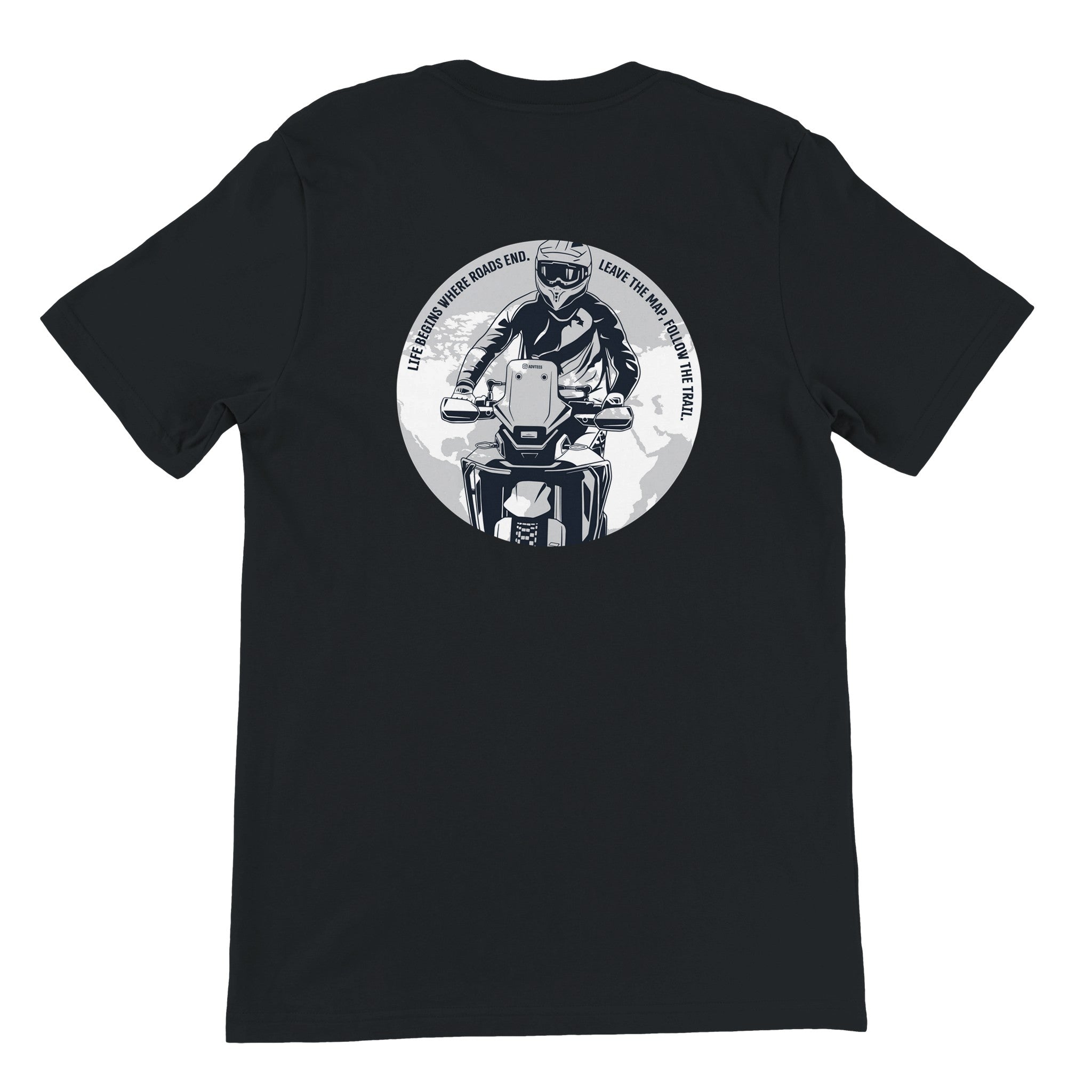 Life Begins Where Roads End. CFMOTO — off-bike adventure-rider tee by ADVTEES
