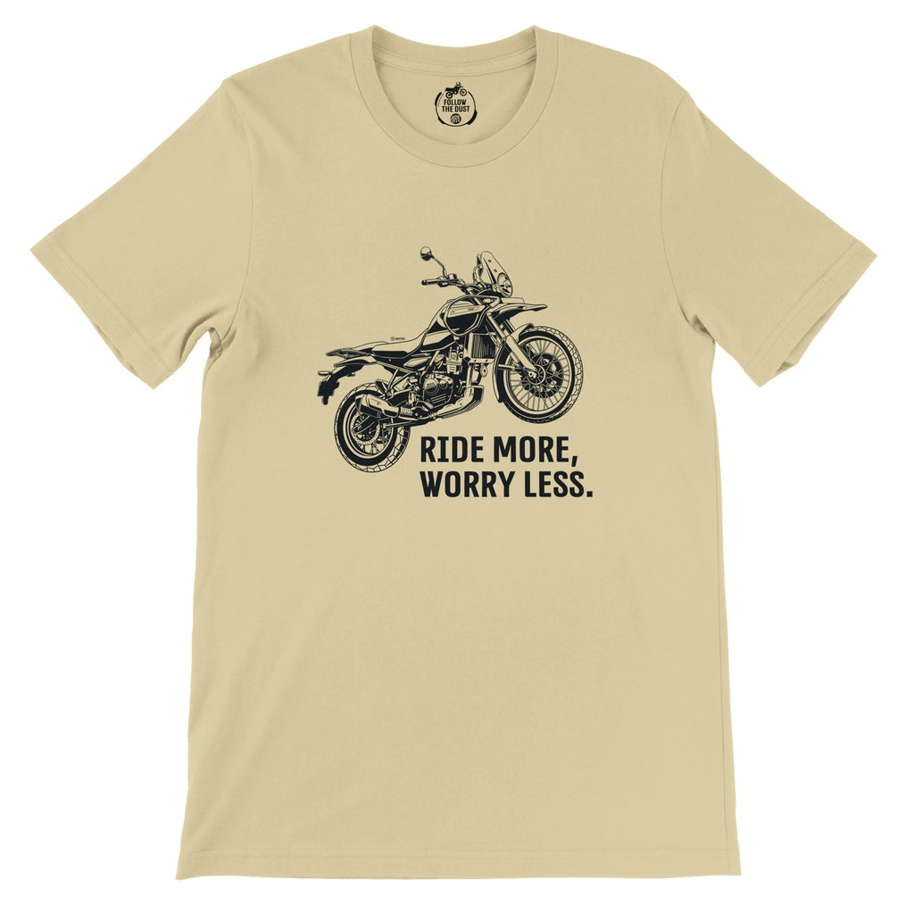 Ride More, Worry Less. Royal Enfield Himalayan — off-bike adventure-rider tee by ADVTEES