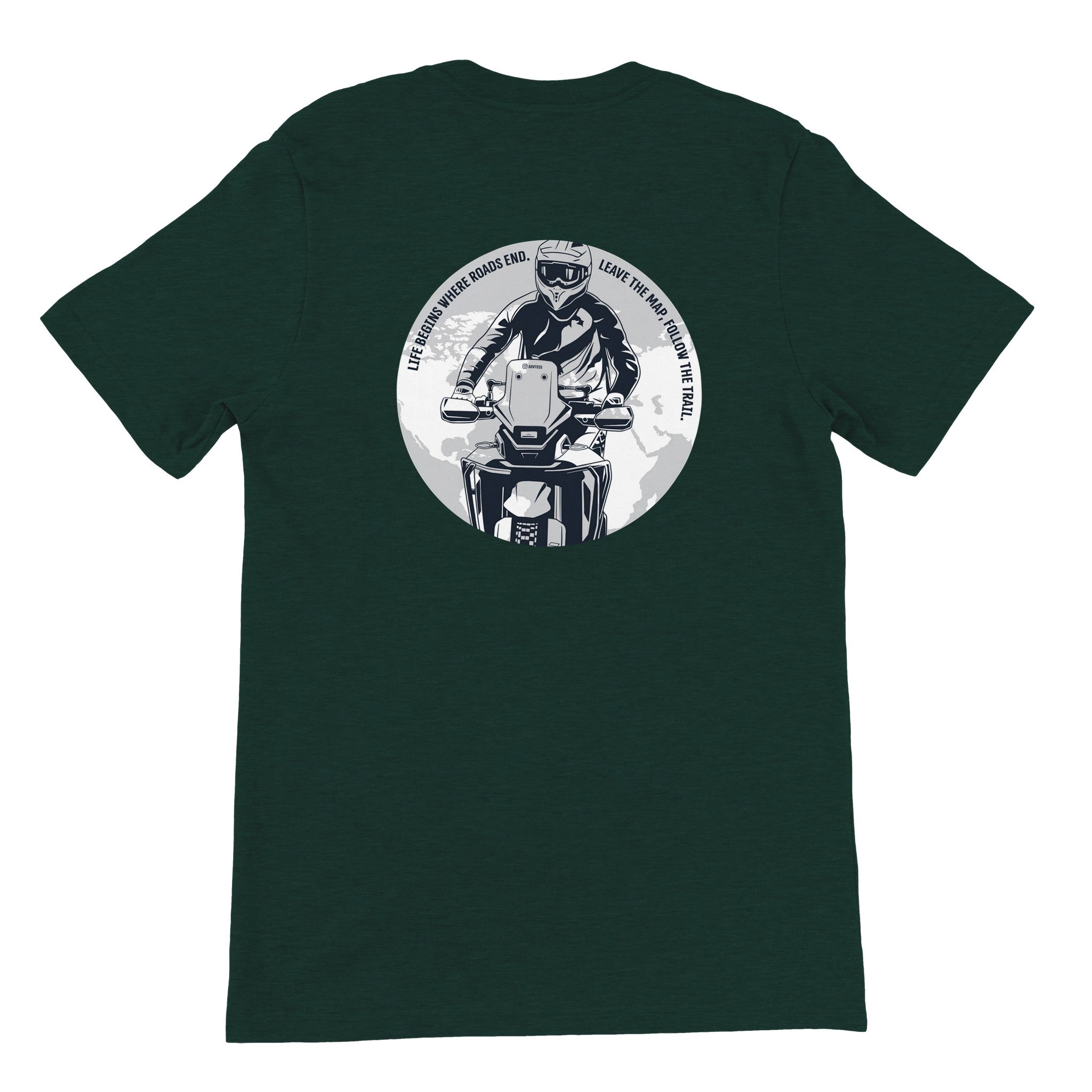 Life Begins Where Roads End. CFMOTO — off-bike adventure-rider tee by ADVTEES