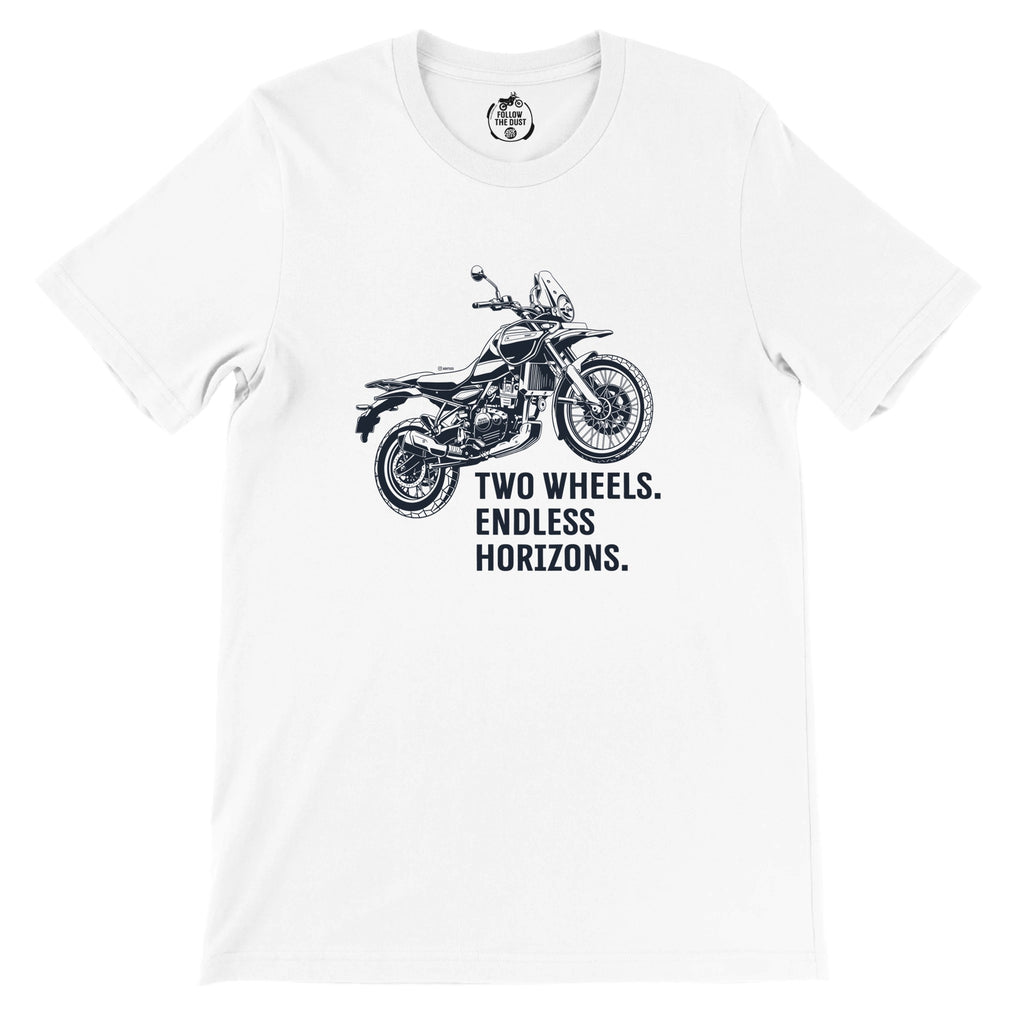 Two Wheels. Endless Horizons. Royal Enfield Himalayan — off-bike adventure-rider tee by ADVTEES