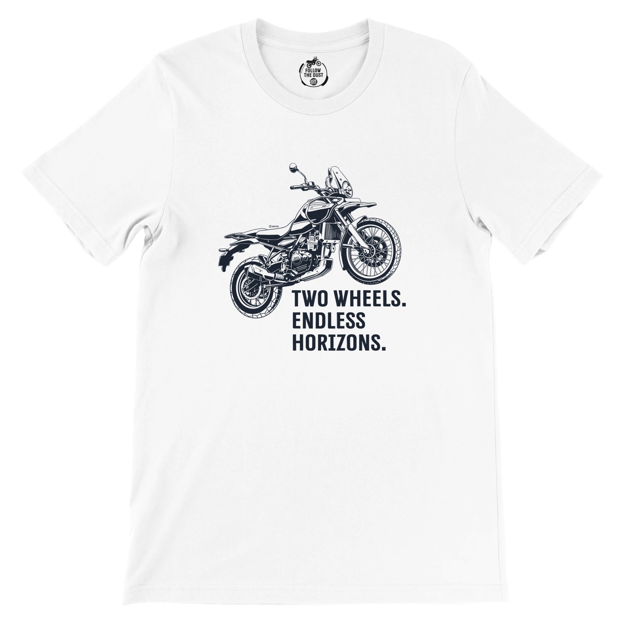 Two Wheels. Endless Horizons. Royal Enfield Himalayan — off-bike adventure-rider tee by ADVTEES