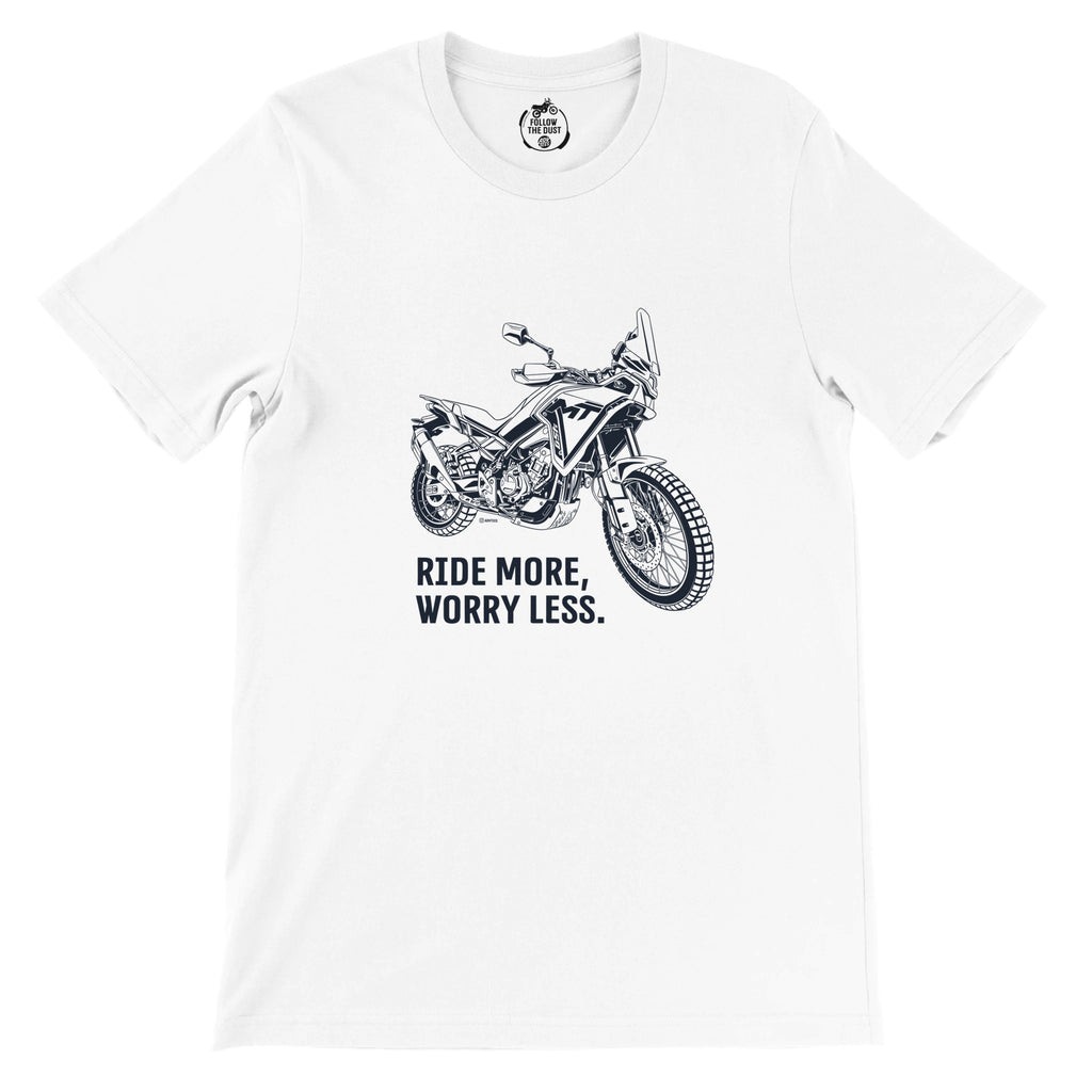 Ride More, Worry Less. CFMOTO — off-bike adventure-rider tee by ADVTEES