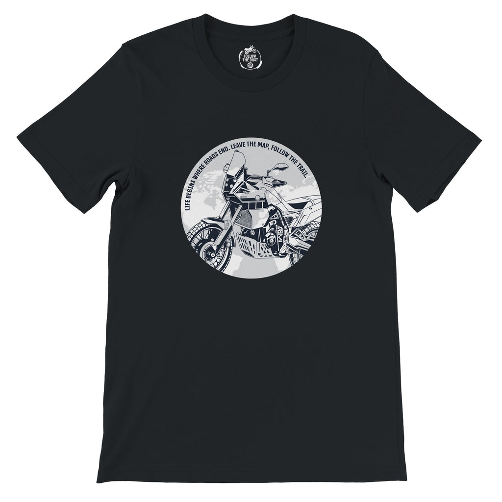 Life Begins where Roads End. Yamaha T7 — off-bike adventure-rider tee by ADVTEES