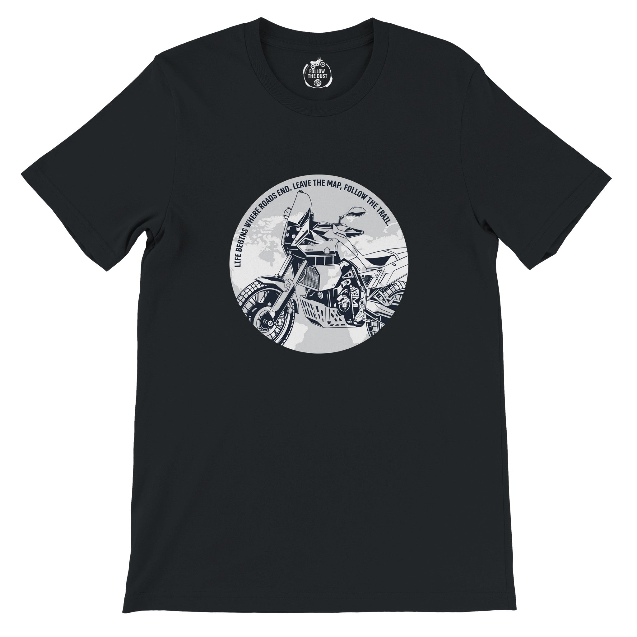 Life Begins where Roads End. Yamaha T7 — off-bike adventure-rider tee by ADVTEES